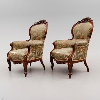 FÅTÖLJER, 1 par, sent 1800-tal.