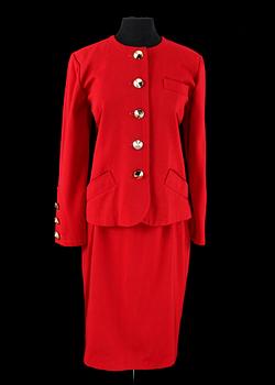 358. A 1991s red two-piece costume consisting of jacket and skirt  by Yves Saint Laurent.