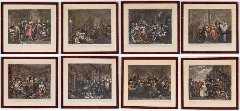 William Hogarth, efter, åtta stycken kolorerade etsningar och gravyrer.