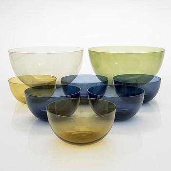 Kaj Franck, serveringsskålar, 2 st, "1329" och dessertskålar, 6 st, "1340", Nuutajärvi, Notsjö.