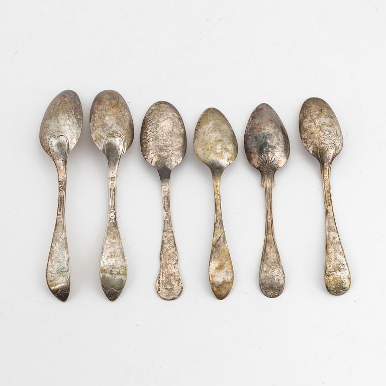 Six Swedish silver table spoons, 18-19th century.