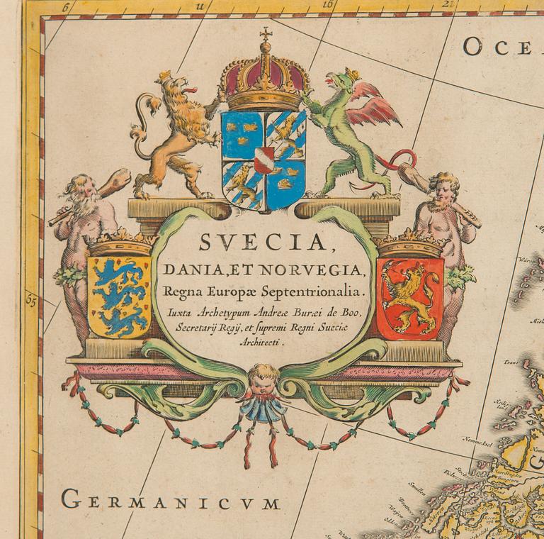 Kartta, Svecia, Dania et Norvegia, käsinvärjätty, kuparipiirros, Blaeu, Antwerpen, noin 1660.