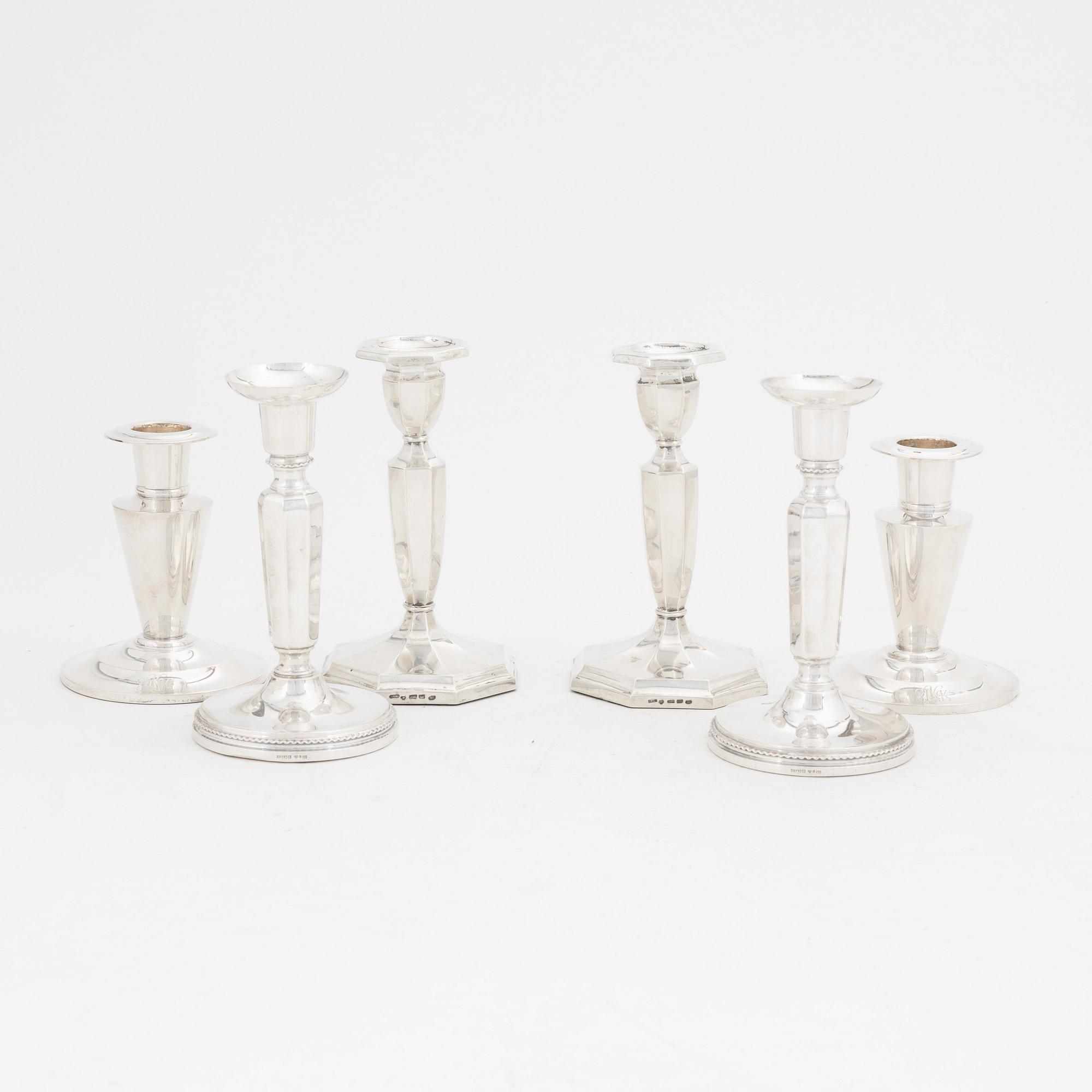 Three pairs of silver candlesticks, Finnish and Swedish hallmarks 1927-1972.