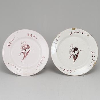 A Swedish faience serving dish and six plates, 18th Century.