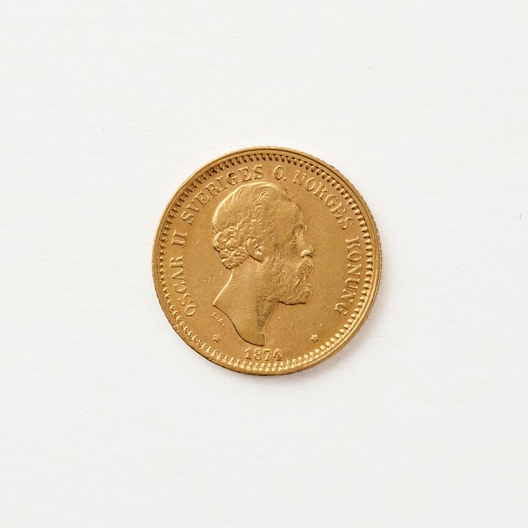 Gold coin, Oscar II, Sweden, 10 kronor, 1874.