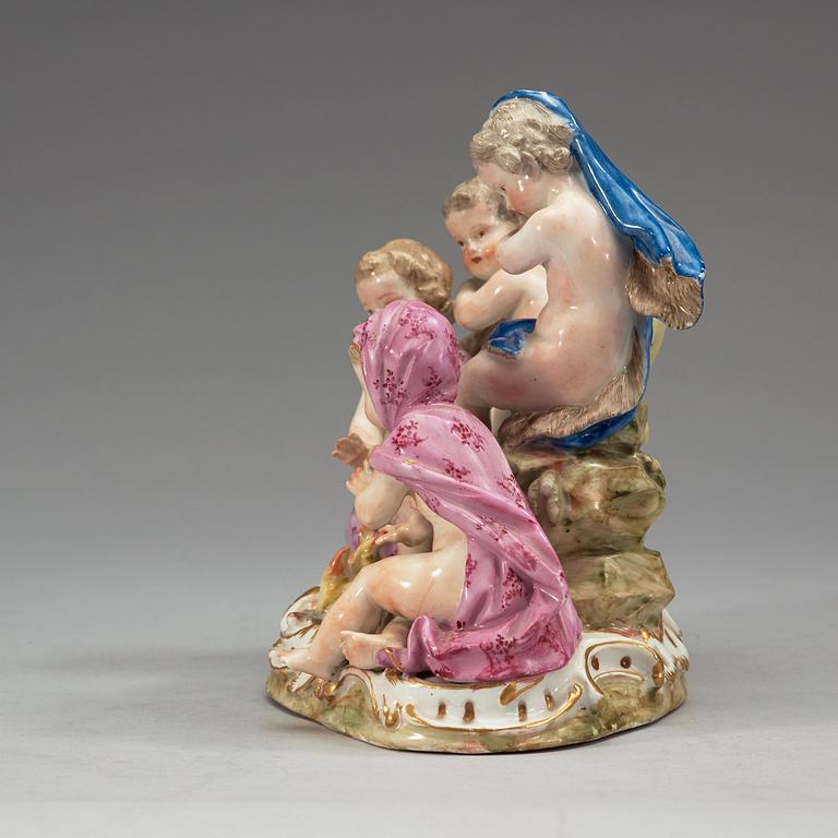 A set of four Meissen allegorical figure groups, 18th Century, three of them with the Marcolini mark (1774-1814).