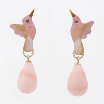Mandelstam hummingbird earrings in silver and 18K gold, enamel and pink opal.