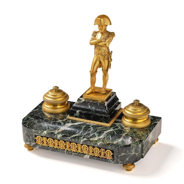 A French Empire-style gilt bronze and marble inkstand, late 19th century.
