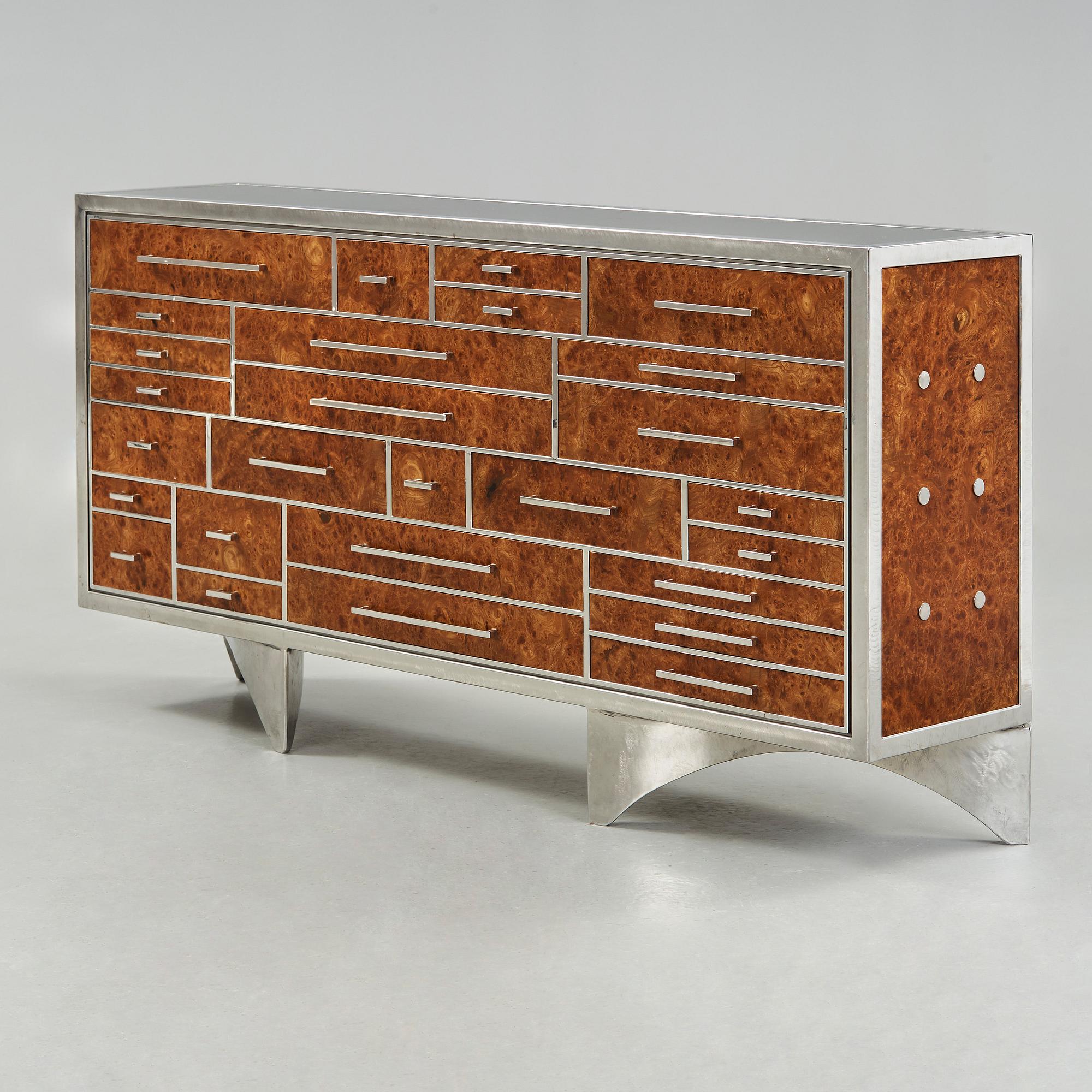 BENGT ROSENSTRÖM, sideboard "Stockholm", rotfanerad och rostfritt stål, Ängelholm 2004.