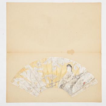 Unidentified artist, so-called "Fan painting", Elegant lady in a garden with banana trees, China, 20th century.