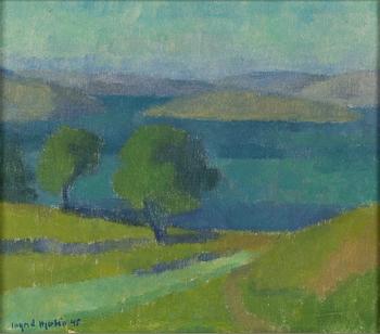 Ingrid Hjertén, A summer landscape against a blue sky.