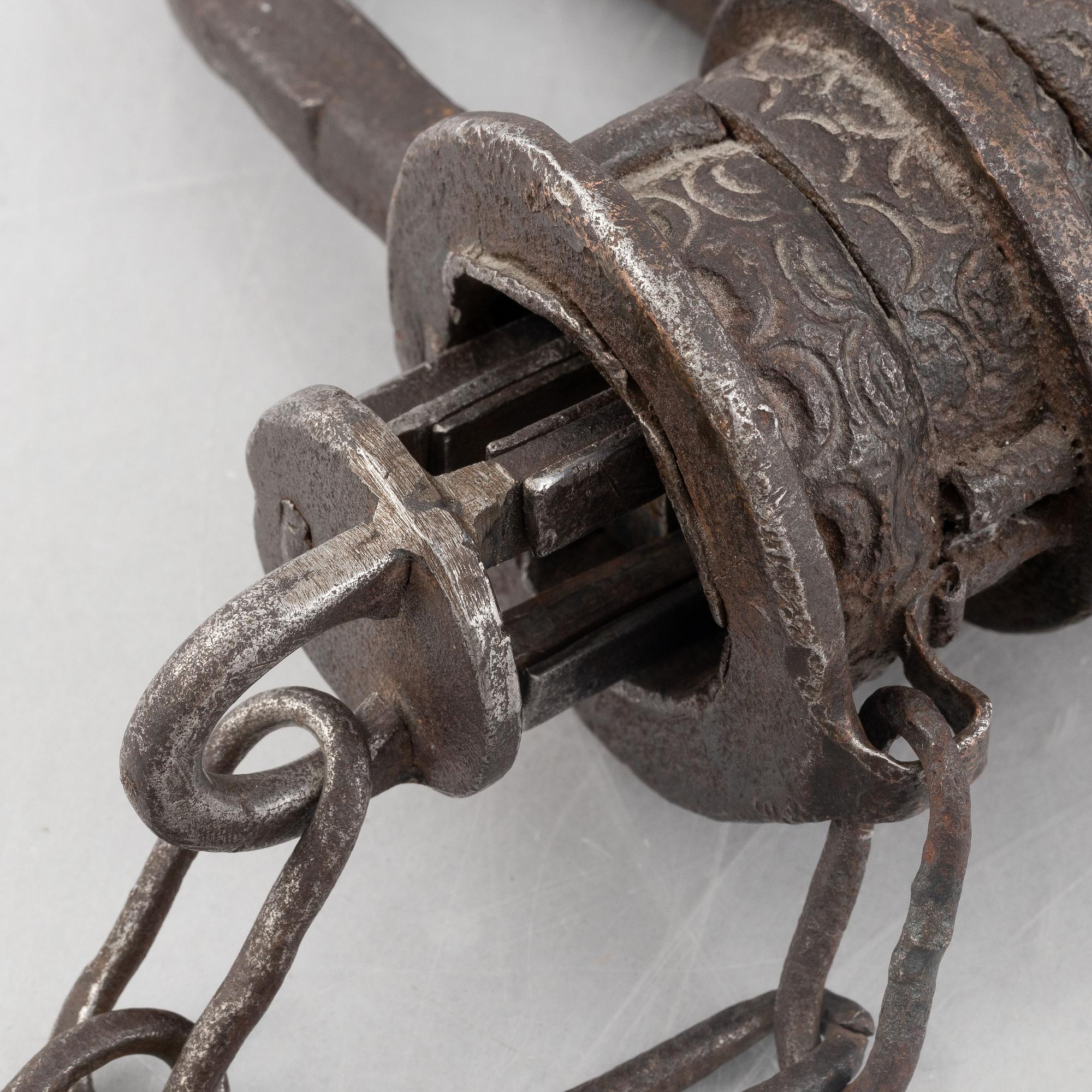A Swedish wrought iron lock, 17th century.