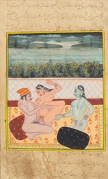 Unidentified artist, Interiors with erotic scenes, India, 20th century. Three pieces.