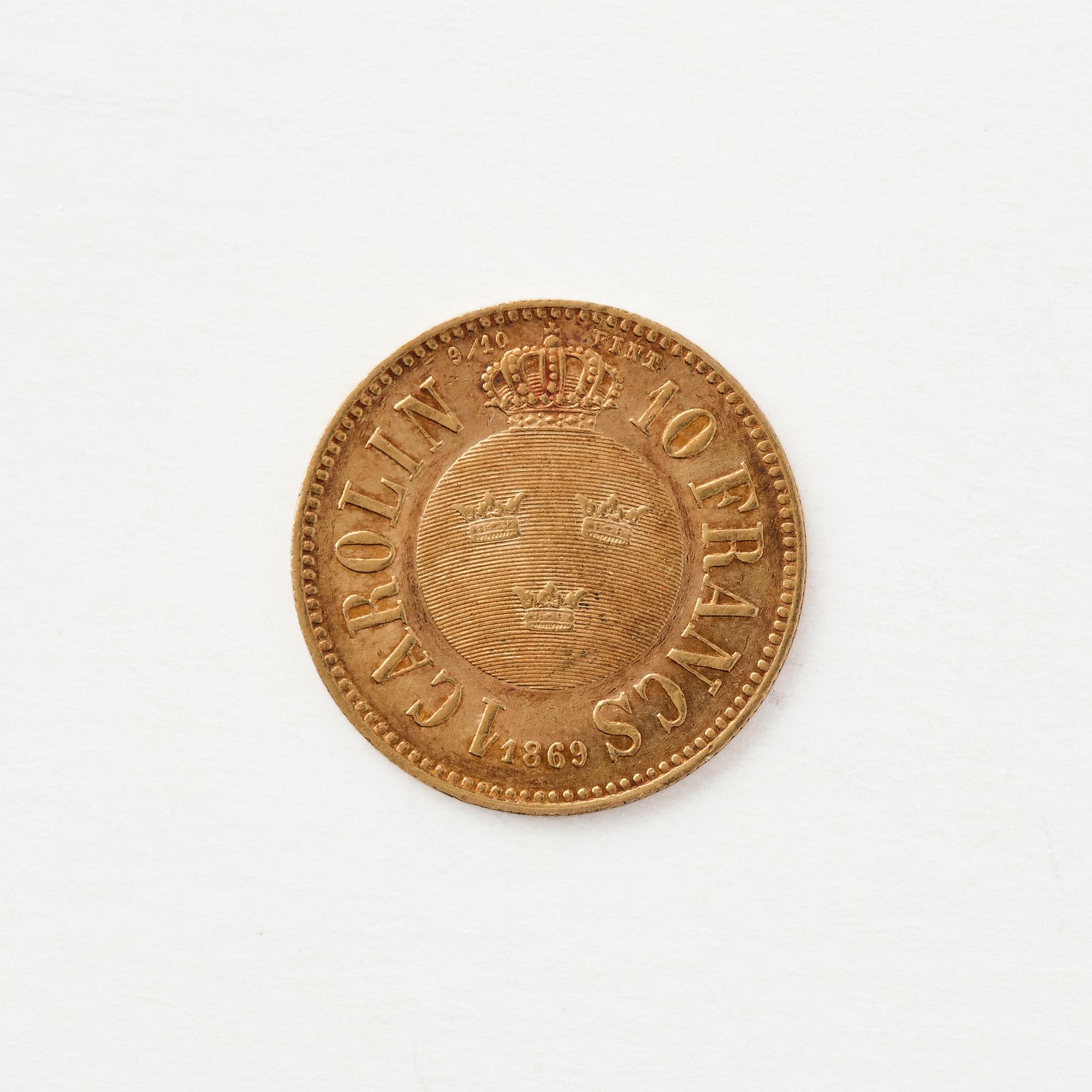 Guldmynt, Carl XV, Sverige, 1 Carolin, 10 Francs, 1869.
