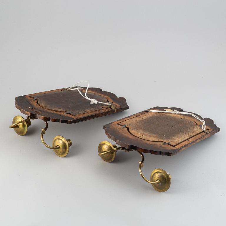 A pair  century wood and brass mirror wall sconces for two candles.c. 1900.
