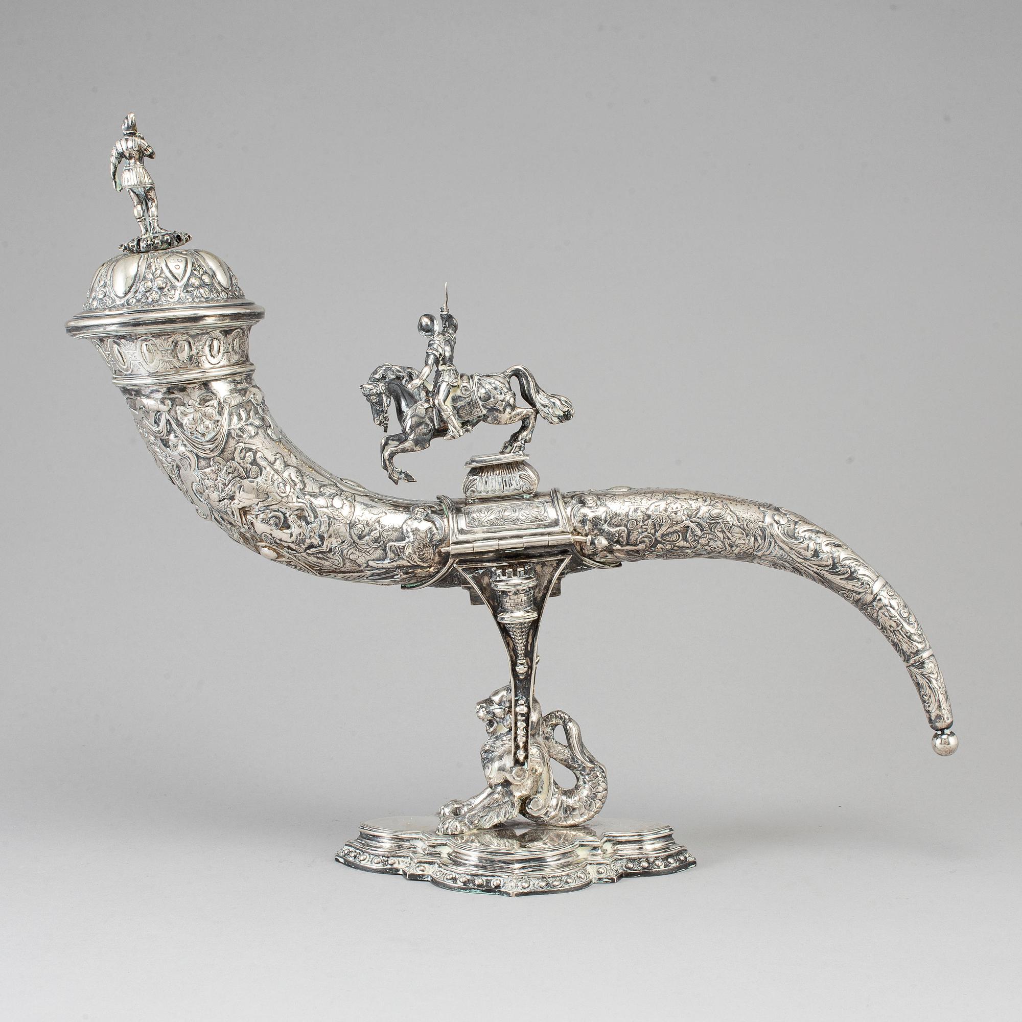 A German silver drinking horn, JD Schleissner & Söhne, Hanau around 1900.