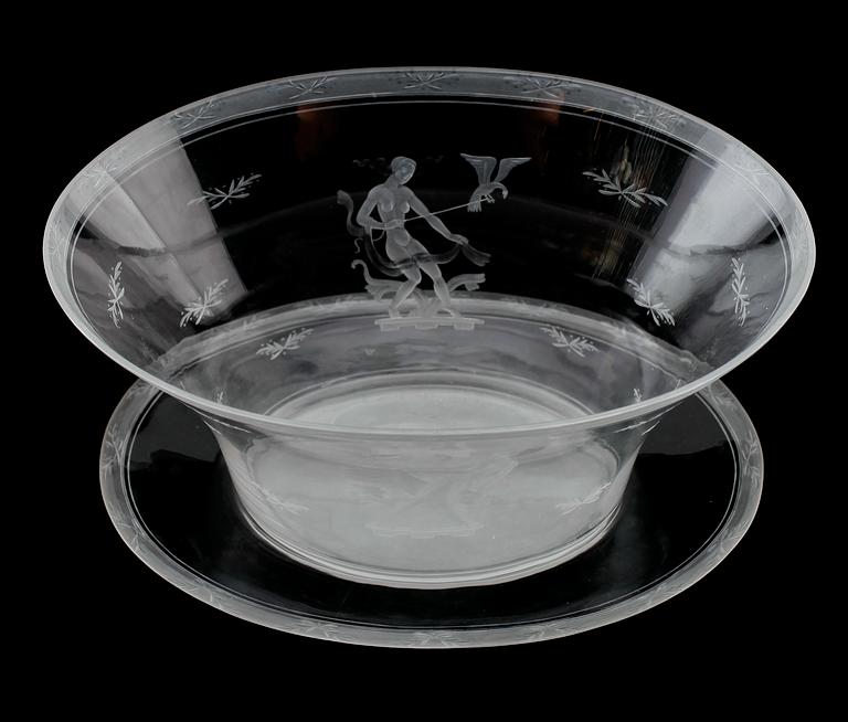 SKÅL PÅ FAT, glas, Edward Hald, Orrefors, daterad 1934.