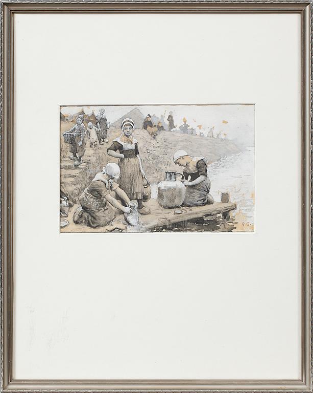 GEORG CLAUSEN, tusch och täckvitt, monogramsignerad.