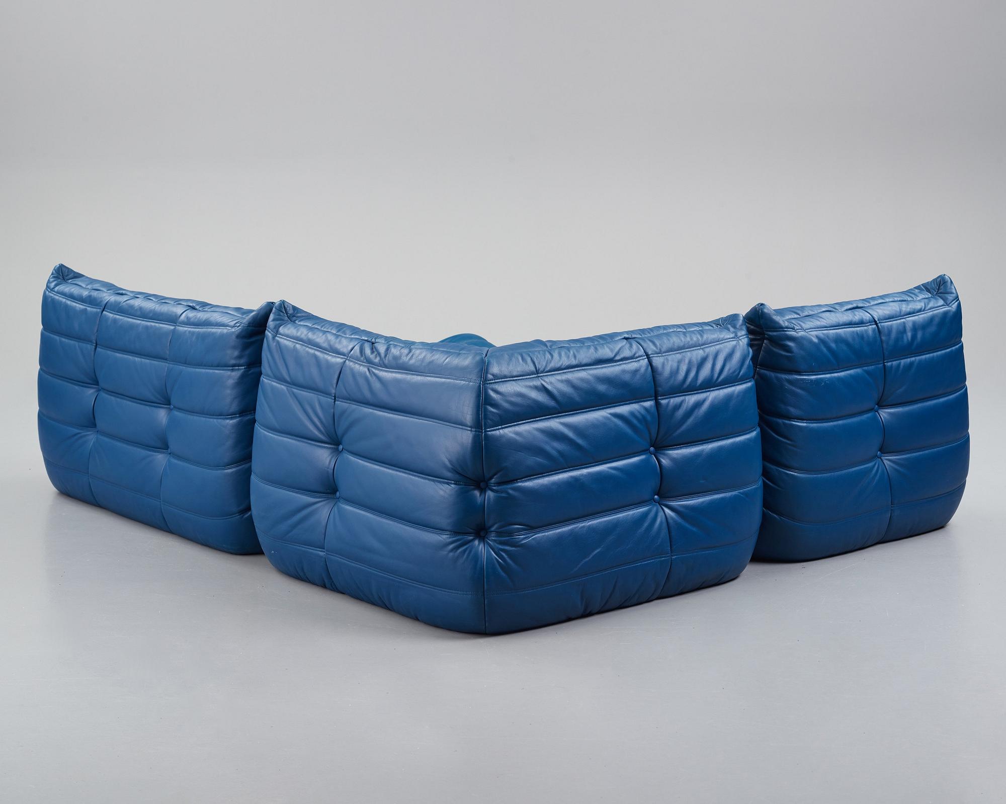 Michel Ducaroy, a blue leather 'Togo' sofa, Ligne Roset, France, presumably 1980s.