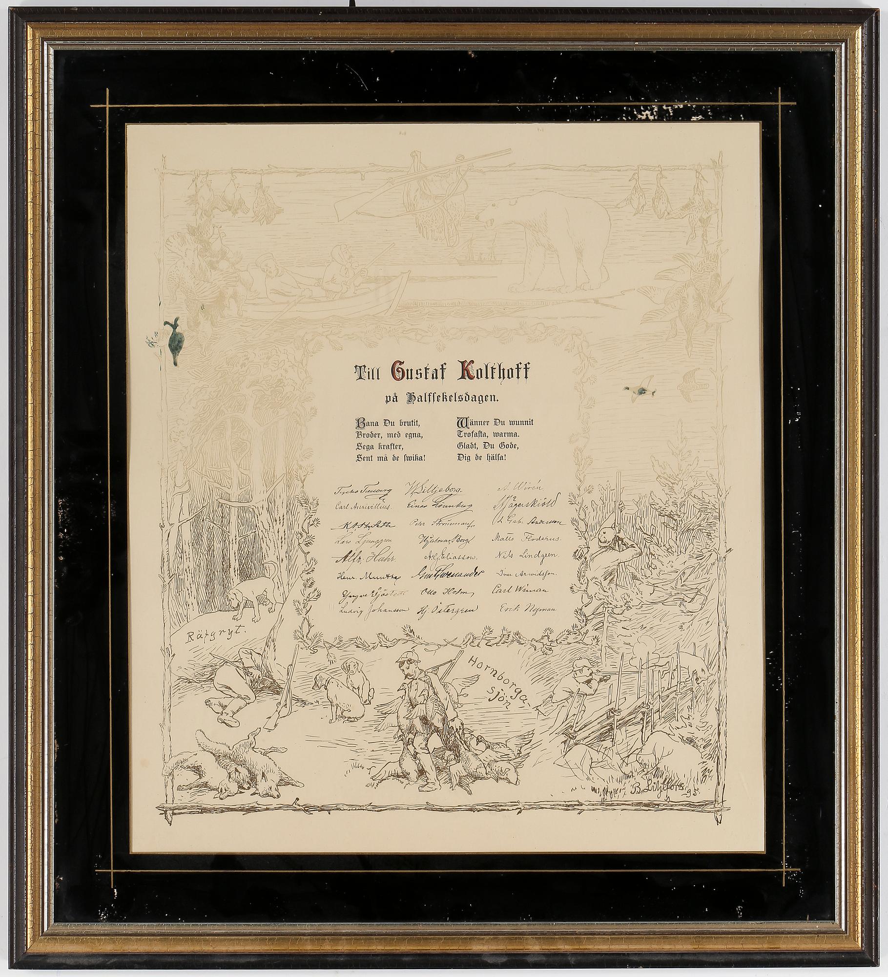 BRUNO LILJEFORS, gratulationstavla, tusch, signerad o daterad 1895.