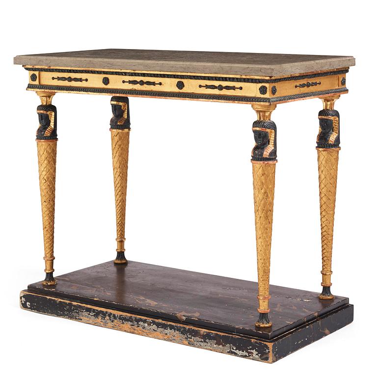 A late-Gustavian giltwood and patinated console table in the manner of J. Frisk, Stockholm circa 1800.