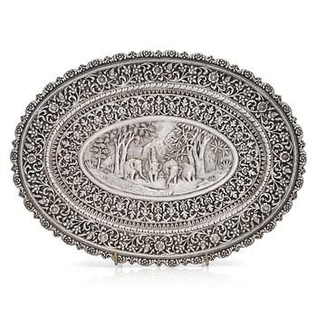 A silver salver, marked OM BHUJ for Oomersi Mawji, Bhuj, Kutch, India, circa 1860-1890.