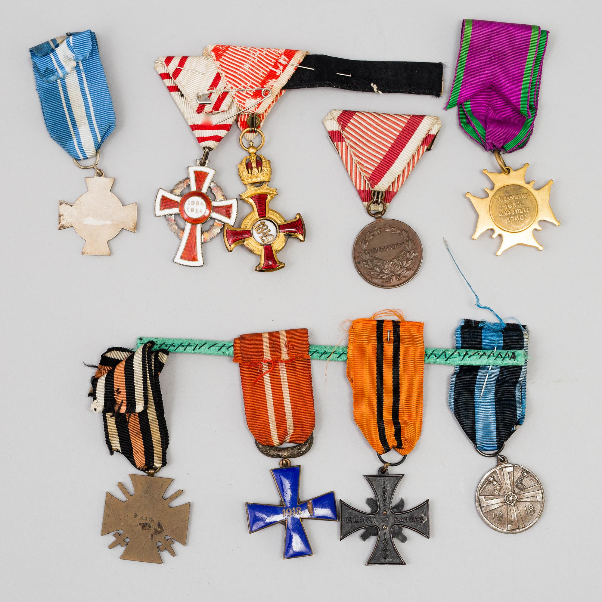 Nine medals including the Freedom Cross from the Finnish Civil War 1918 and the order of Franz Josef.