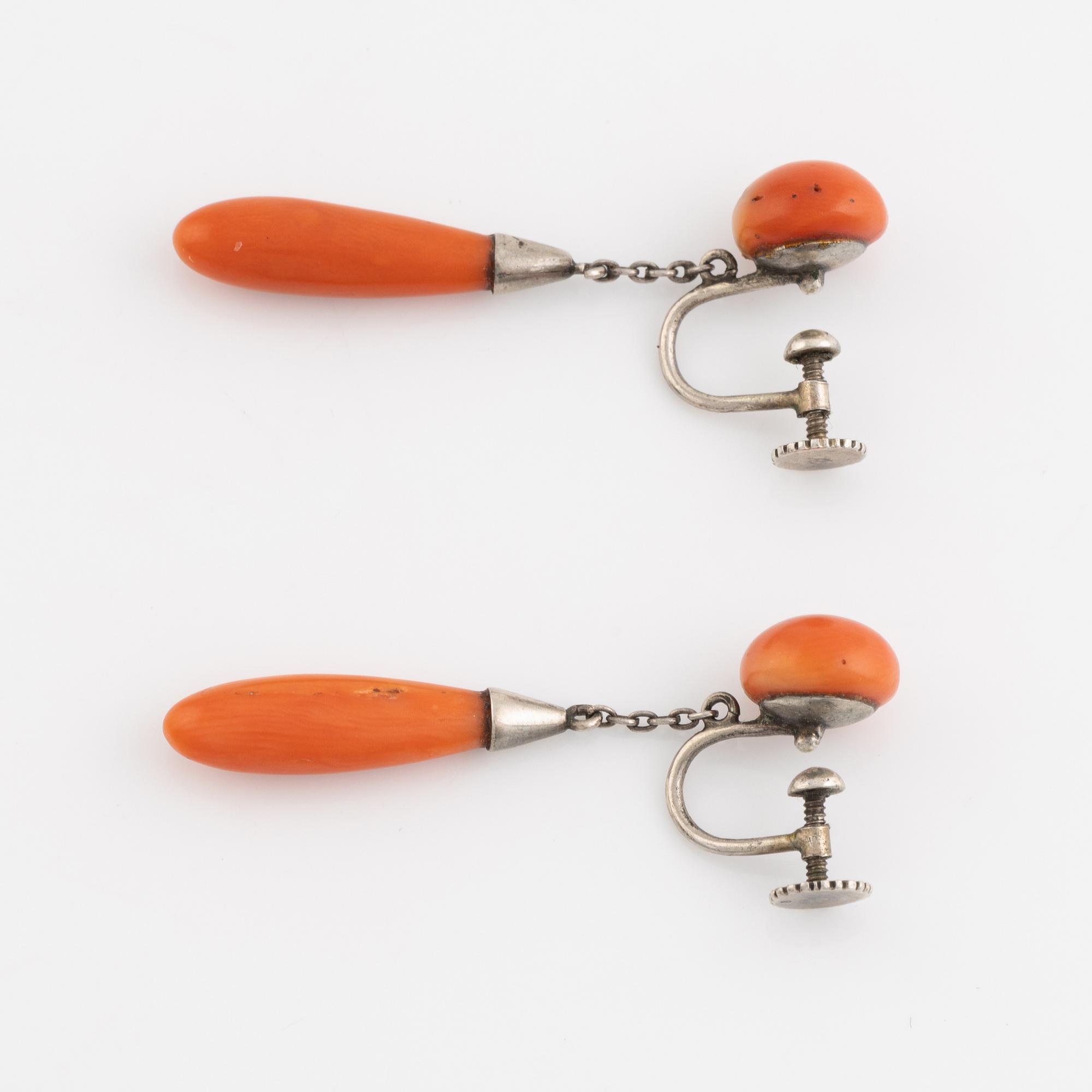 Silver and coral earrings and brooch.