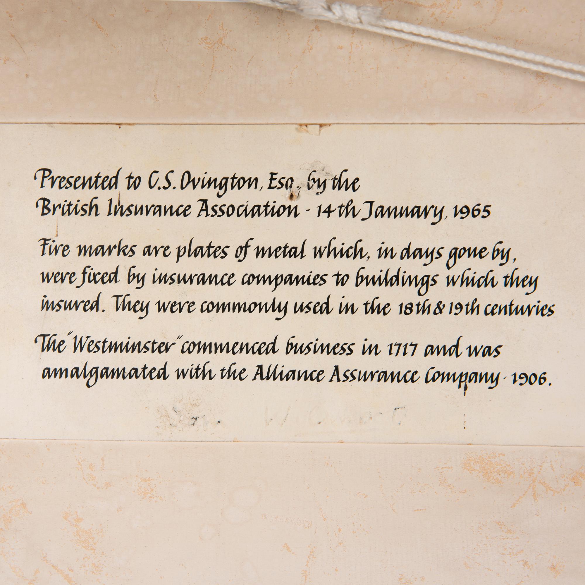 FÖRSÄKRINGSPLAKETT, metall, England 1700-1800-tal.