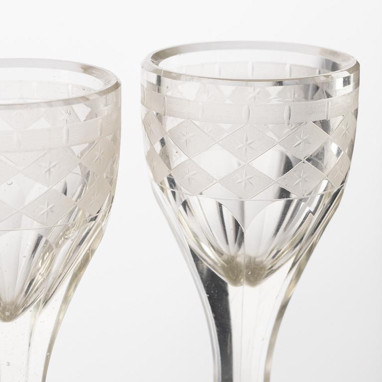 A set of nine Late Gustavian sherry glasses from Casimirsborgs glasbruk, circa 1800.