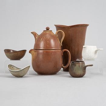 Tea pot, two bowls, two creamers, and a vase by Gunnar Nylund, stoneware, Rörstrand.