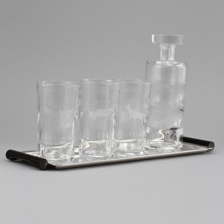 BRICKA samt GLAS, 5 delar, glas och vitmetall, Kosta och GAB, glas daterat 1937?.