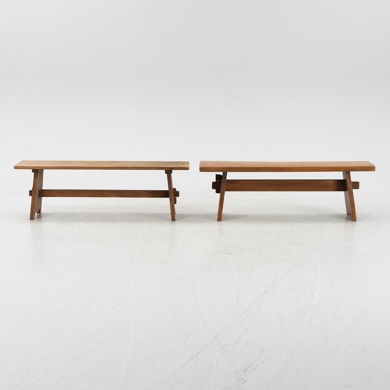 Two stained pine benches, 1920s.