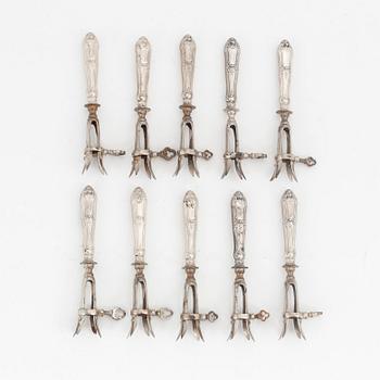 A set of ten French silver bone-holders, including mark of Jules Langlois & Emile Leroux 1903-1912.