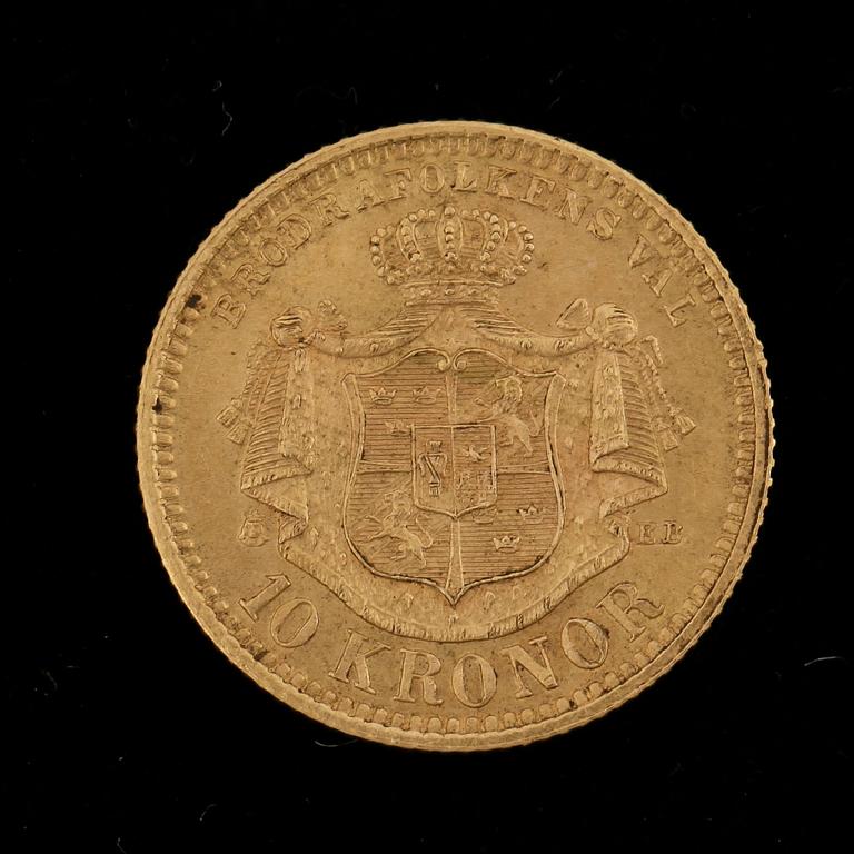 GULDMYNT, 10 Kronor, Oscar II, Sverige-Norge 1876. Vikt ca 4 gram.