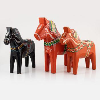 Three Swedish 'Dala' Horses, carved wood, late 20th century.