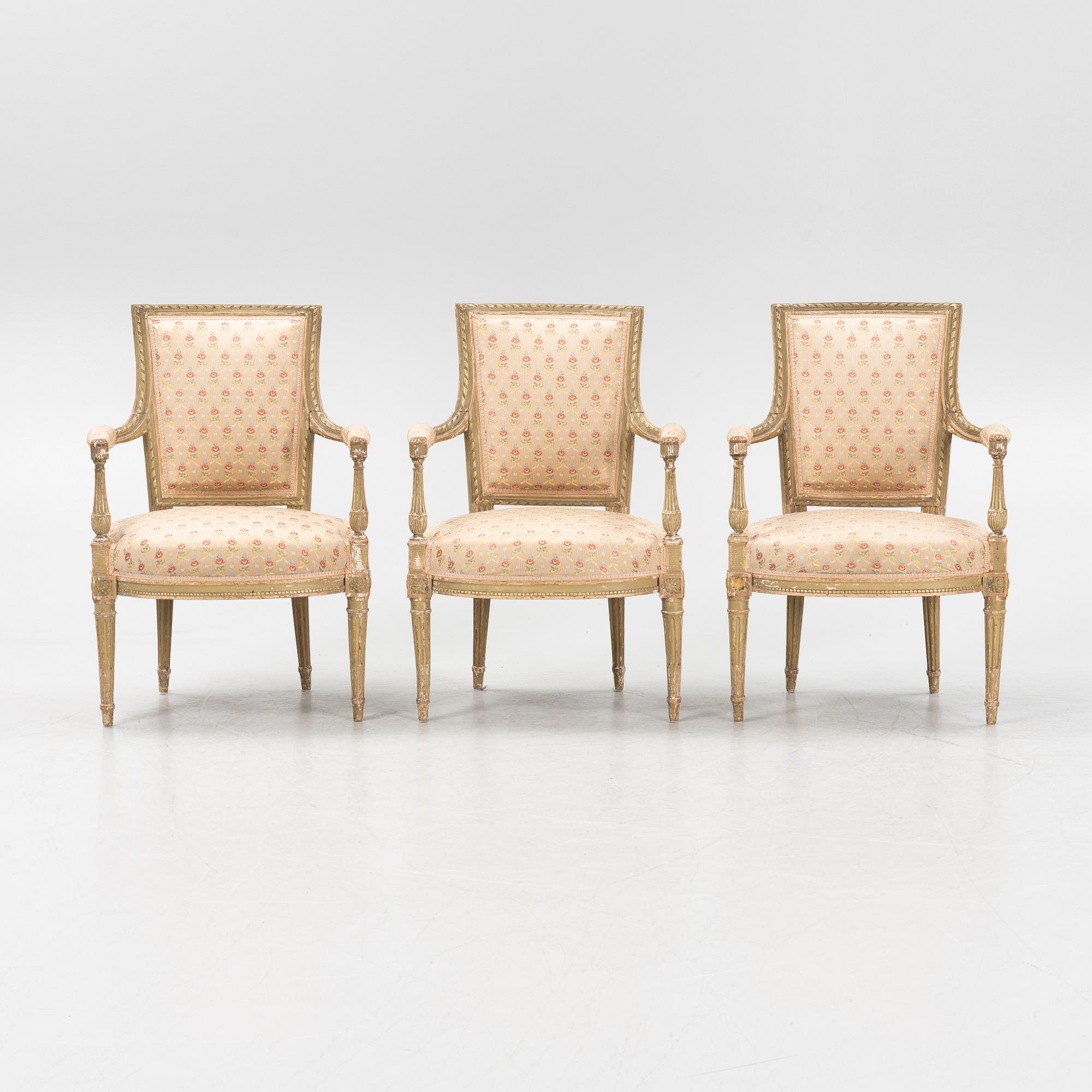 Three Louis XVI armchairs, France, late 18th century.