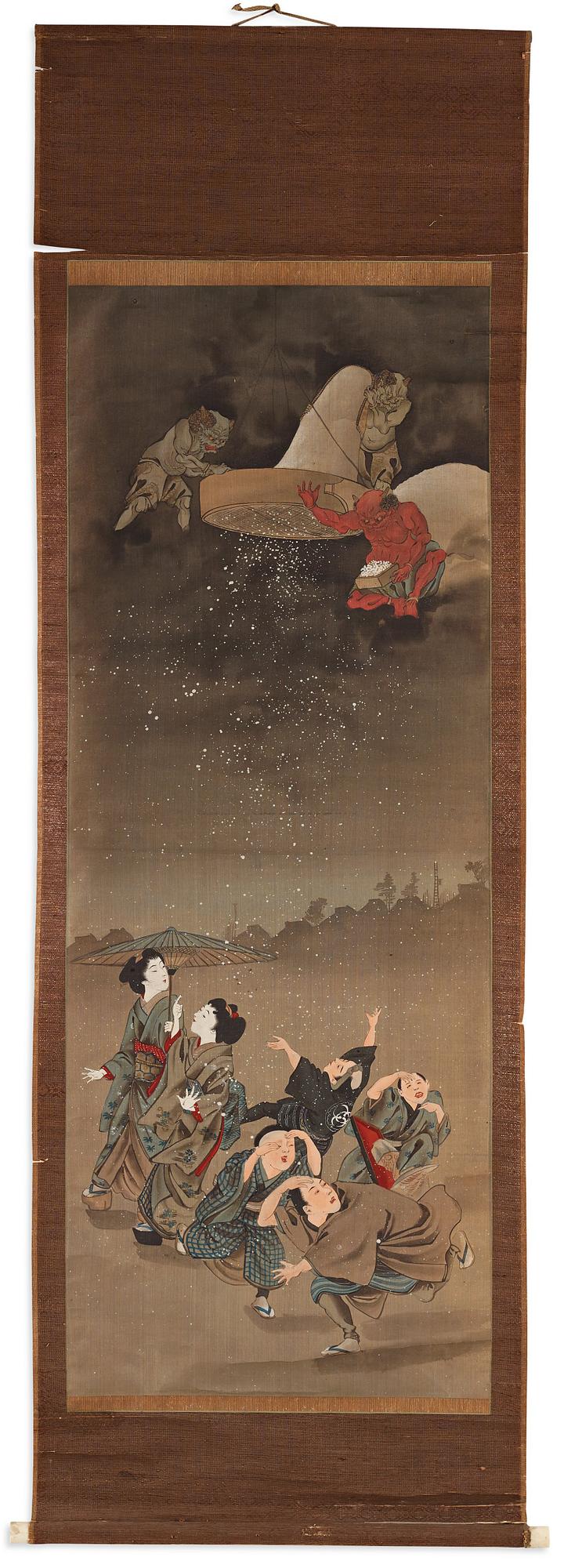 RULLMÅLNINGAR, sex stycken, tusch och färg på papper. Japan, Meiji (1868-1912).