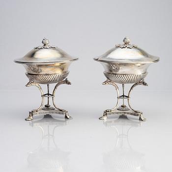 A pair of Swedish early 19th century silver suger bowls with lids, marks of Johan Fredrik Björnstedt, Stockholm 1818.