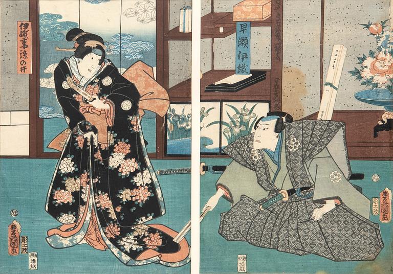 Utagawa Kunisada Toyokuni II, woodcut print diptych, Japan 19th-Century.