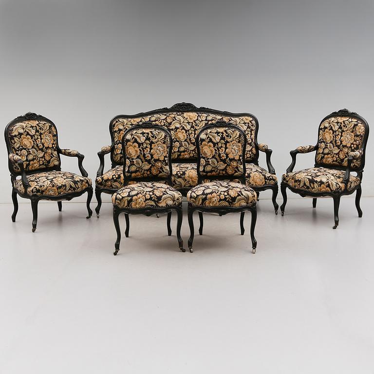 SALONGSGRUPP, 5 delar, rokokostil, 1800-talets andra hälft.