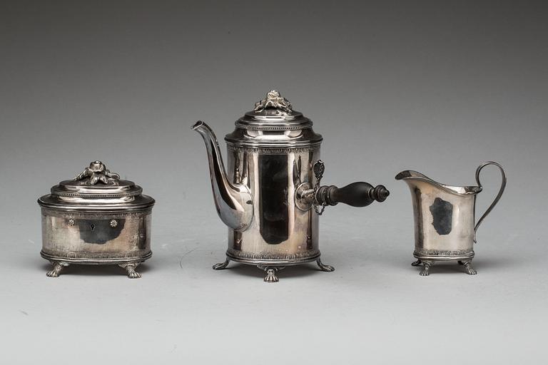 KAFFESERVIS, 3 delar silver, Eric Råström för RÅSTRÖM & CARLMAN, Stockholm,  1948. Vikt ca 1454 g.