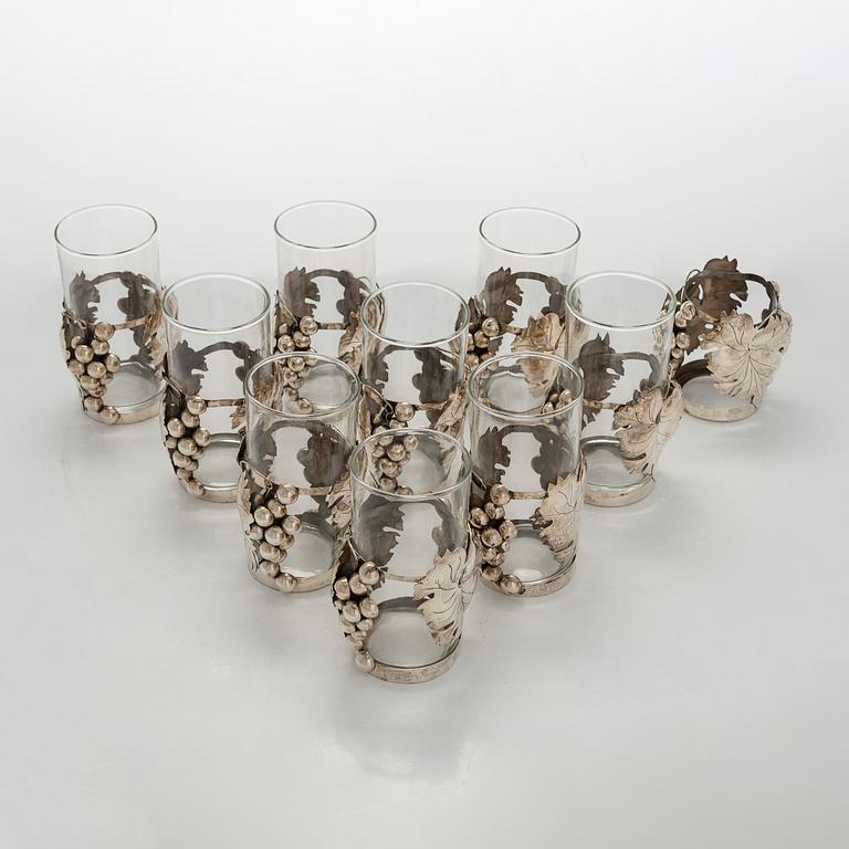 Juomalaseja, 8 + 1 kpl, hopeaa ja lasia,  Rancho Alegre Mexico 1900-luvun puoliväli.