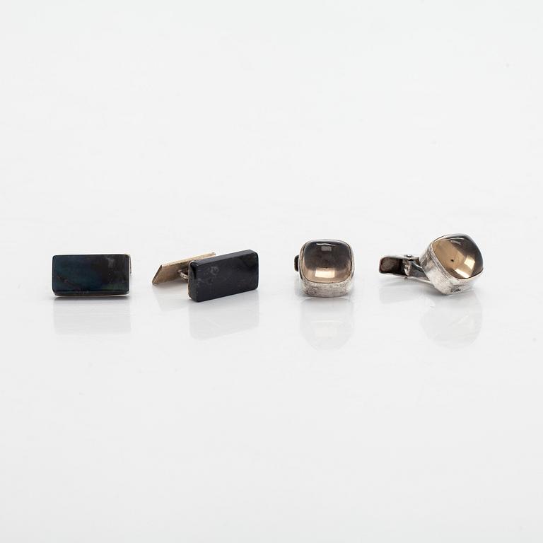 Elis Kauppi, cufflinks, 2 pairs, spectrolite, smoky quartz, silver, Kupittaan Kulta, Turku 1961–1963.