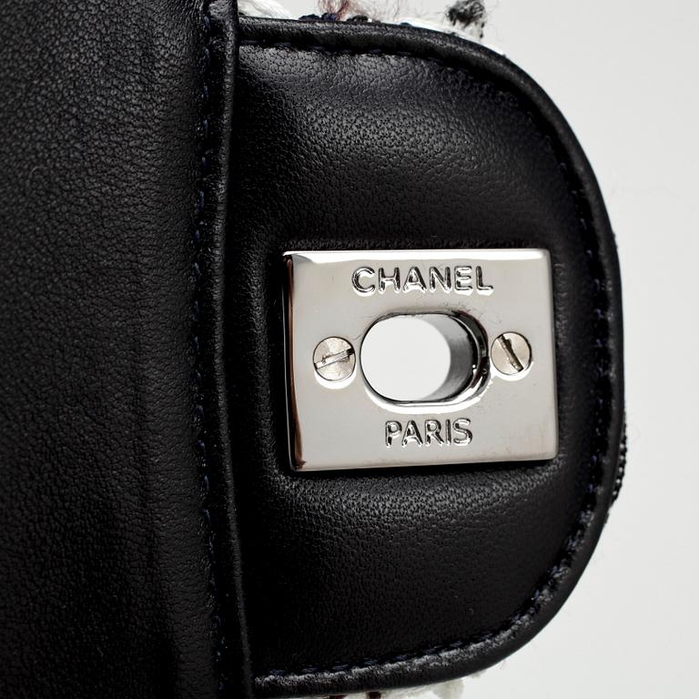 CHANEL, a quilted blue and white fabric "Double Flap" shoulder bag.