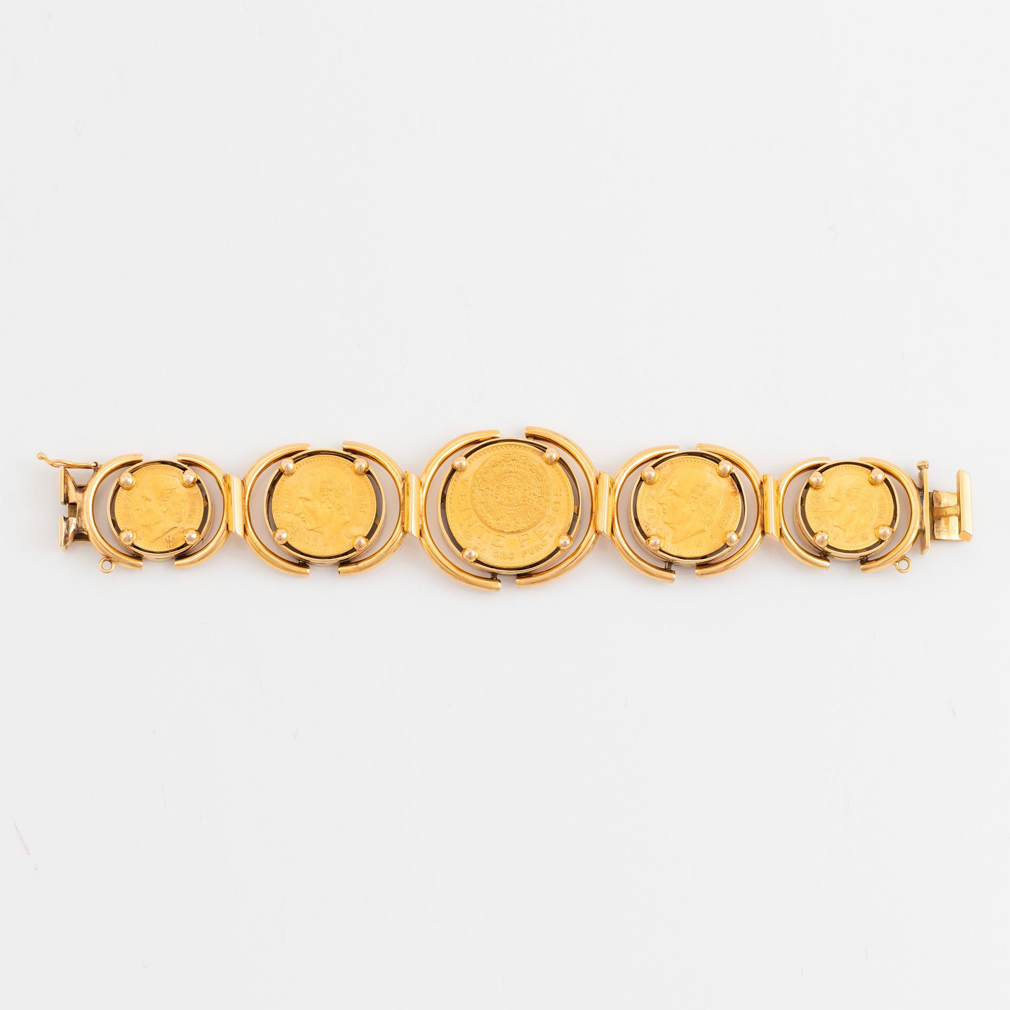 An 18K gold bracelet set with Mexican 22K gold coins.