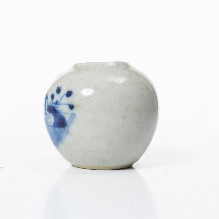 A Chinese blue and white porcelain brush washer / vase and a metal and tortoise shell nail guard, Qing dynasty.