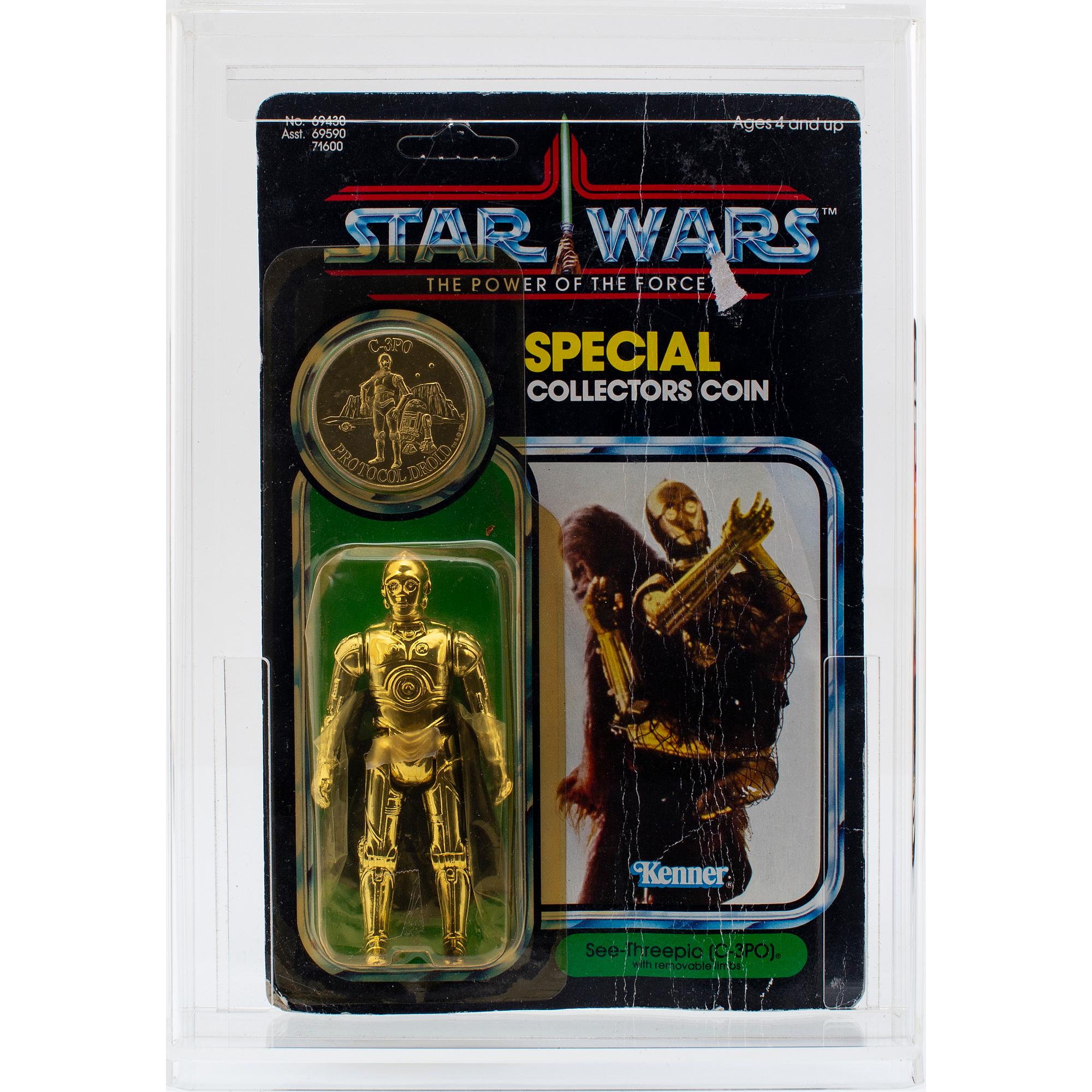 STAR WARS, Artoo-Detoo (R2-D2) ROTJ 65 back-b AFA 75 EX+/NM, See-Threepio(C3PO) POTF & Land Speeder, Kenner 1977-1984.