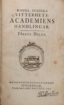 KONGL. SVENSKA VITTERHETS-ACCDEMIENS HANDLINGAR. FÖRSTE DELEN. Tryckt hos Lars Salvius, Stockholm, 1755.