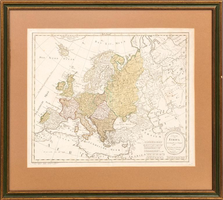 Franz Ludwig Güssefeld,  map of Europe, hand colored copper engraving, Nürnberg 1794.